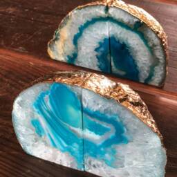 Teal Agate 24Ct Gold Edge Microcrystalline Quartz Premium Bookends Ornament Gift Pair - thumbnail 2