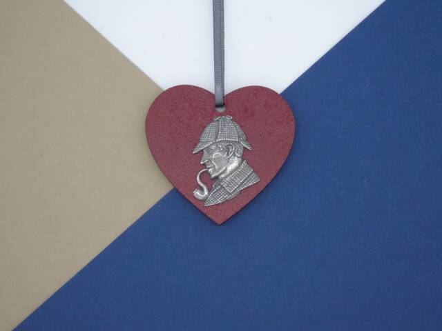 Sherlock Holmes Wooden Heart Christmas Decoration - Bauble Book Lover Gift Author - image 1