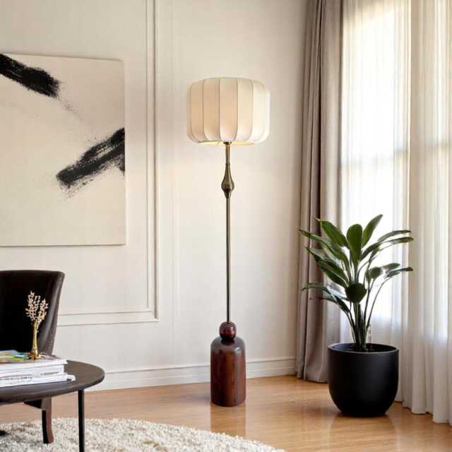 Mid-Century Inspired Handmade Floor Lamp - Elegant Fabric Lampshade Handcrafted Wooden Base With Metal Details - image 1