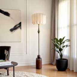 Mid-Century Inspired Handmade Floor Lamp - Elegant Fabric Lampshade Handcrafted Wooden Base With Metal Details