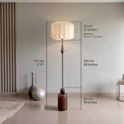 Mid-Century Inspired Handmade Floor Lamp - Elegant Fabric Lampshade Handcrafted Wooden Base With Metal Details - thumbnail 4