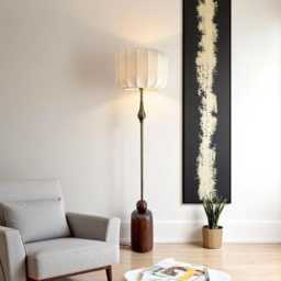 Mid-Century Inspired Handmade Floor Lamp - Elegant Fabric Lampshade Handcrafted Wooden Base With Metal Details - thumbnail 2