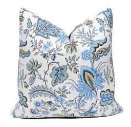 Blue Gold Jacobean Floral Pillow Cover - French General Josephine Bleu Designer Home Decor Throw - thumbnail 1
