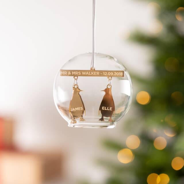 Personalised Mr & Mrs Penguin Glass Dome Bauble - image 1