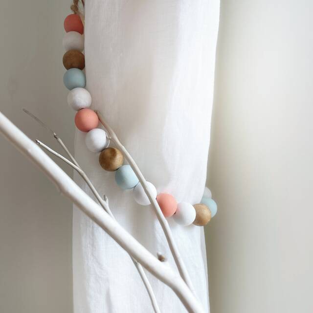 Coastal Cottage Beaded Curtain Tiebacks Shabby Chic Wood Beads, Set Of 2 - image 1