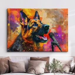 German Shepherd Singing Microphone Painting Framed Poster Print & Canvas Wall Decor Art Home Living Room Dog Gift Music