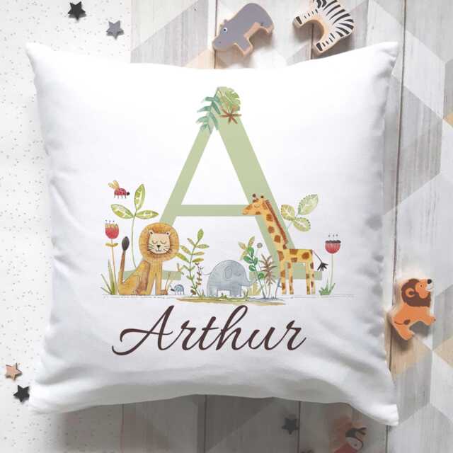 Personalised Baby Name Cushion Jungle Animal Nursery Decor - image 1