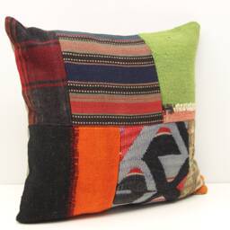Patchwork Kilim Pillow Cover, 18x18 Inch, Handmade Turkish Cushion - thumbnail 1