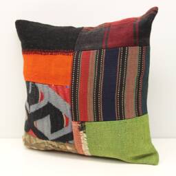 Patchwork Kilim Pillow Cover, 18x18 Inch, Handmade Turkish Cushion - thumbnail 3