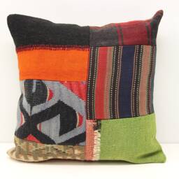 Patchwork Kilim Pillow Cover, 18x18 Inch, Handmade Turkish Cushion - thumbnail 2