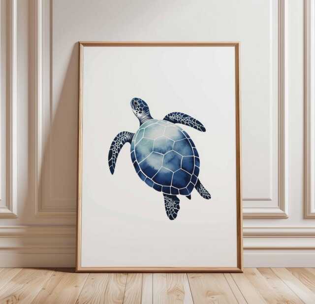 Sea Turtle Poster Print, Watercolor Ocean Animal Wall Art, Coastal Marine Decor, Blue Illustration, Unframed Nautical Artwork - image 1