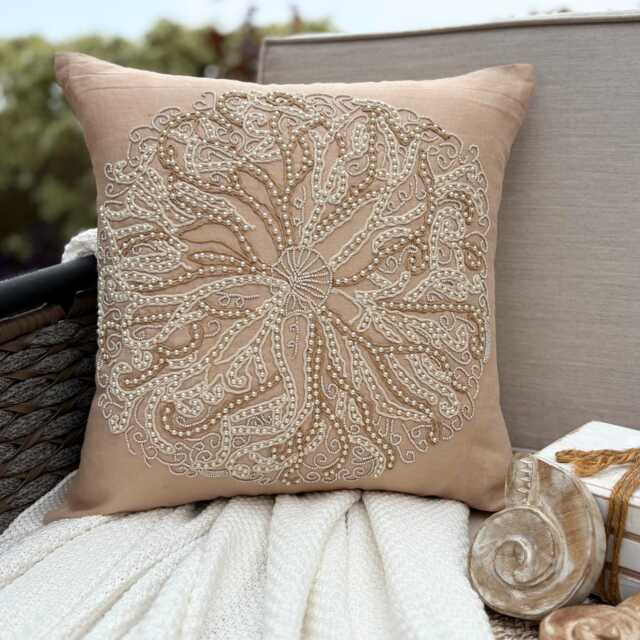 Beige Cotton Linen Beaded Sea Creature Pattern, Beach Style Throw Pillow Cover/Euro Sham - Urchin - image 1