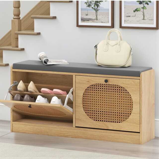Rattan Shoe Rack Bench 2-Tier Storage With Comfortable Seat Cushion, Natural Woven Organizer - image 1