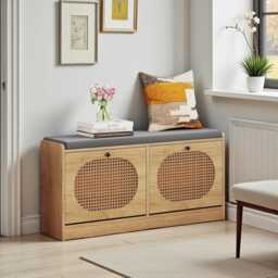 Rattan Shoe Rack Bench 2-Tier Storage With Comfortable Seat Cushion, Natural Woven Organizer - thumbnail 3