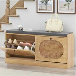 Rattan Shoe Rack Bench 2-Tier Storage With Comfortable Seat Cushion, Natural Woven Organizer