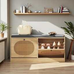 Rattan Shoe Rack Bench 2-Tier Storage With Comfortable Seat Cushion, Natural Woven Organizer - thumbnail 2