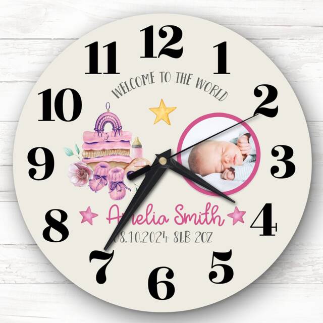 New Baby Girl Pink Photo Neutral Personalised Gift Clock - image 1