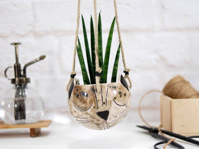 Handmade Ceramic Hanging Cat Planter Indoor/Outdoor Succulent Pot - image 1