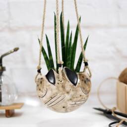 Handmade Ceramic Hanging Cat Planter Indoor/Outdoor Succulent Pot - thumbnail 2