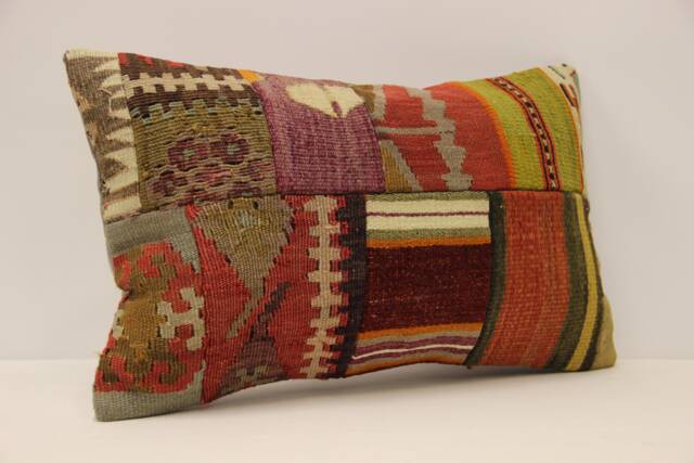 Turkish Kilim Pillow Cover Vintage Wool Patchwork, 12x20 Lumbar - image 1