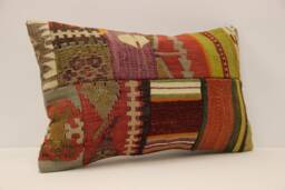 Turkish Kilim Pillow Cover Vintage Wool Patchwork, 12x20 Lumbar - thumbnail 1