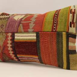 Turkish Kilim Pillow Cover Vintage Wool Patchwork, 12x20 Lumbar - thumbnail 3