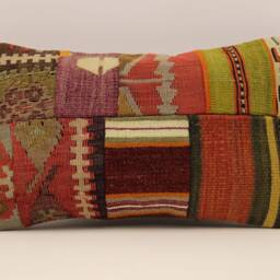 Turkish Kilim Pillow Cover Vintage Wool Patchwork, 12x20 Lumbar - thumbnail 2
