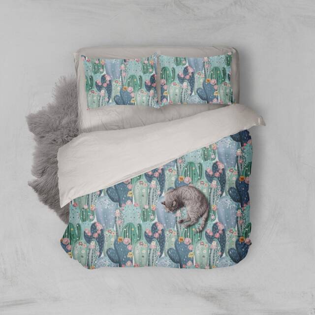 Cactus Duvet Cover Set, Floral Watercolor Bedding - image 1