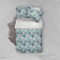Cactus Duvet Cover Set, Floral Watercolor Bedding - thumbnail 3