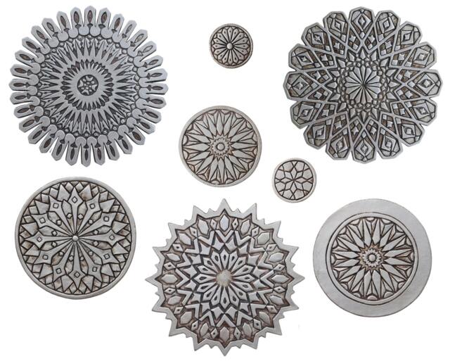 8 Ceramic Wall Sculpture, Circular Mosaic Hand Painted, Tiles, Moroccan Mix Circles Cutout Design Aged Silver - image 1