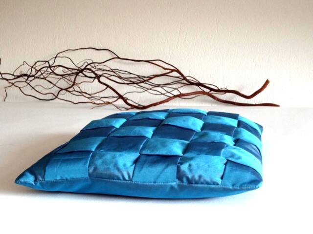 Braided Pillow, Taffeta Cushion, Cushion Cover in Blue Taffeta, 15x15 Inches - image 1
