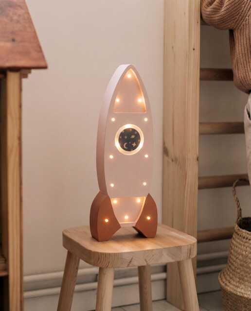 Personalized Wooden Rocket Night Light - Pink Kids Nursery Lamp, Space Baby Room Decor, Handmade Eco Friendly Nightlight Gift - image 1
