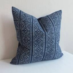 Indigo Batik Cotton Pillow Cover Hand-Printed Ethnic Hmong Textile Accent Cushion - thumbnail 3