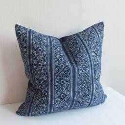 Indigo Batik Cotton Pillow Cover Hand-Printed Ethnic Hmong Textile Accent Cushion - thumbnail 2