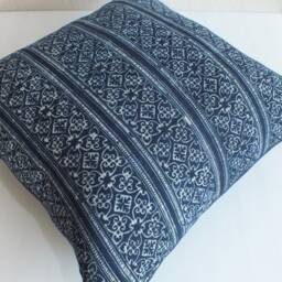 Indigo Batik Cotton Pillow Cover Hand-Printed Ethnic Hmong Textile Accent Cushion - thumbnail 4