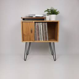 Oak Record Cabinet - Mid-Century Modern Media Console With Hairpin Legs - thumbnail 1
