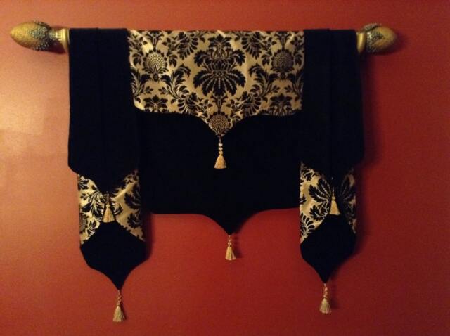 Moroccan Window Valance, Gold Damask & Black Velvet With Tassels - image 1