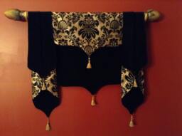 Moroccan Window Valance, Gold Damask & Black Velvet With Tassels - thumbnail 1
