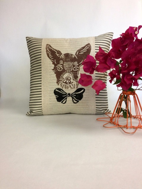 Chihuahua Pillow Cover Hand Block Print Dog Face With Bow Tie - image 1
