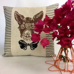 Chihuahua Pillow Cover Hand Block Print Dog Face With Bow Tie - thumbnail 3
