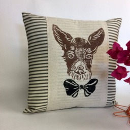 Chihuahua Pillow Cover Hand Block Print Dog Face With Bow Tie - thumbnail 2