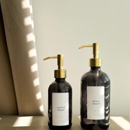 Smoked Glass Soap Dispenser With Custom Label - Brass Gold Or Black Pump - thumbnail 2