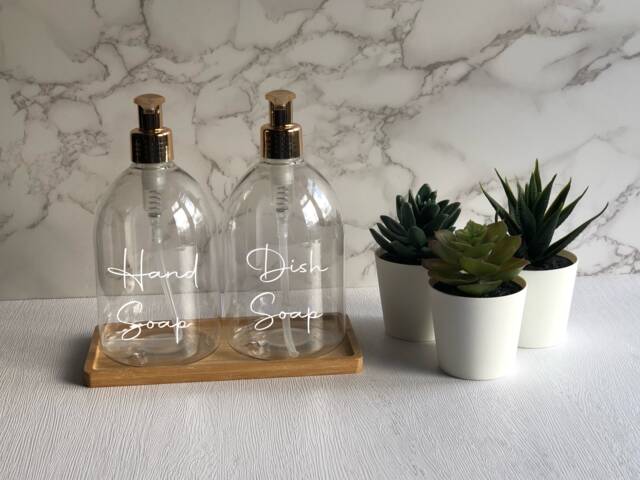 Personalised Clear Bell Soap Dispenser Bottle With Gold Pump 500Ml - image 1