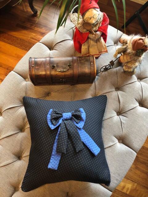 Black & Blue Spotted Decorative Pillow Cover With Bow
