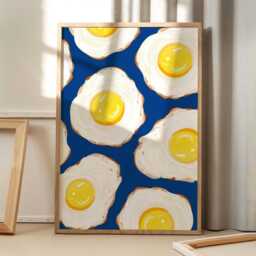 Blue Fried Egg Art Poster, Kitchen Wall Art, Bar Cart Aesthetic Decor, Retro Home Printed Gift - thumbnail 1