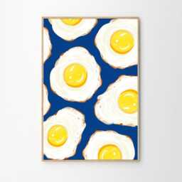 Blue Fried Egg Art Poster, Kitchen Wall Art, Bar Cart Aesthetic Decor, Retro Home Printed Gift - thumbnail 2