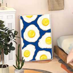 Blue Fried Egg Art Poster, Kitchen Wall Art, Bar Cart Aesthetic Decor, Retro Home Printed Gift - thumbnail 3