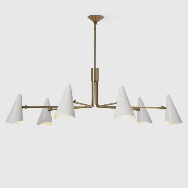 Mid Century Handcrafted Italian Modern Chandelier 6 Light Brass Pendant White Cone Shade Ceiling Fixture Dining Room, Living Room - image 1