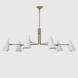 Mid Century Handcrafted Italian Modern Chandelier 6 Light Brass Pendant White Cone Shade Ceiling Fixture Dining Room, Living Room - thumbnail 3