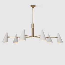 Mid Century Handcrafted Italian Modern Chandelier 6 Light Brass Pendant White Cone Shade Ceiling Fixture Dining Room, Living Room - thumbnail 1